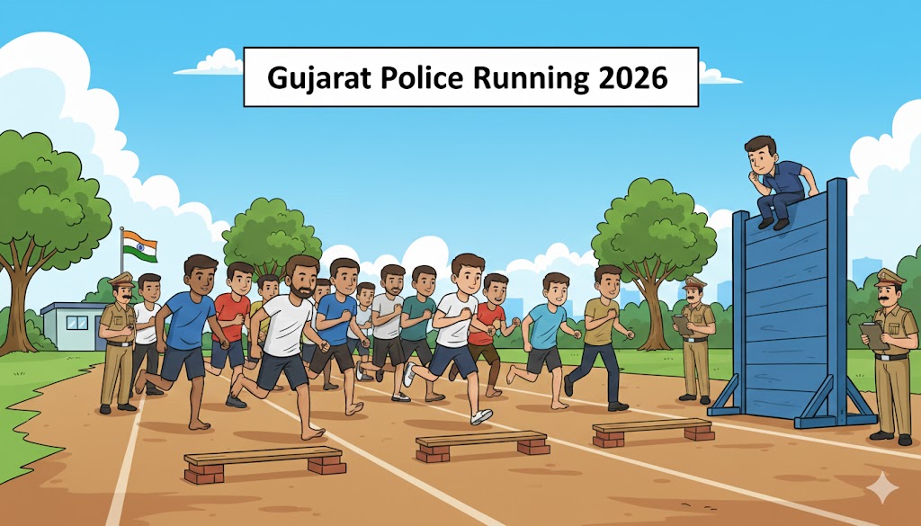 गुजरात पुलिस भर्ती 2026 की तैयारी के लिए शारीरिक दक्षता परीक्षा (PET) और रनिंग करते हुए उम्मीदवारों का कार्टून चित्रण।