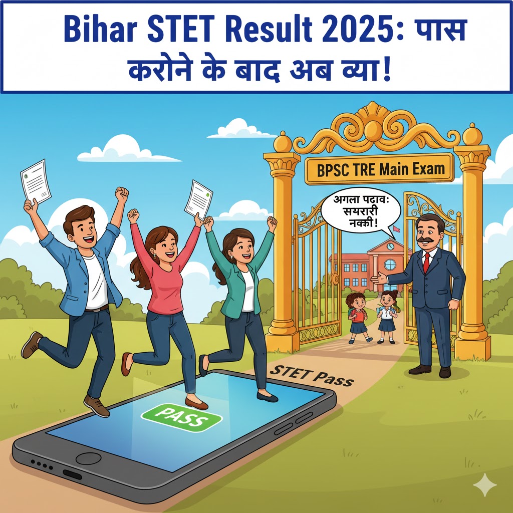 बिहार एसटीईटी 2025 रिजल्ट की घोषणा के बाद खुशी मनाते हुए और मोबाइल पर अपना स्कोरकार्ड चेक करते हुए उम्मीदवार।