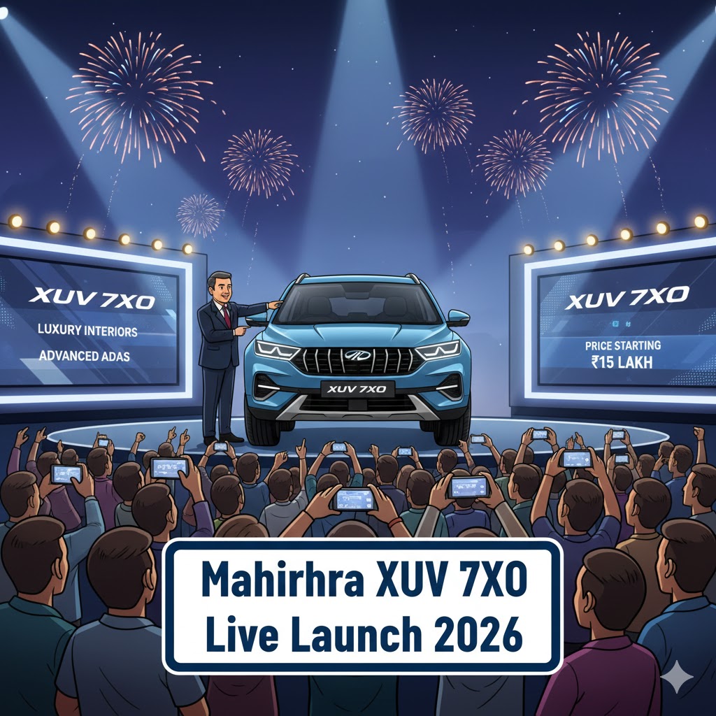 शहर की सड़कों पर चलती हुई गहरे नीले रंग की Mahindra XUV 7XO का एक आधुनिक और स्टाइलिश कार्टून चित्रण।