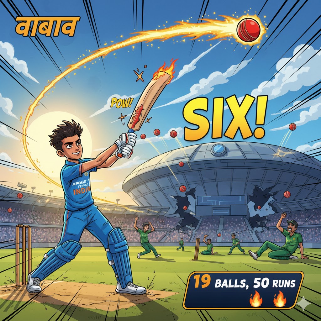 Vaibhav Suryavanshi hitting a massive six in cartoon style against South Africa U19.