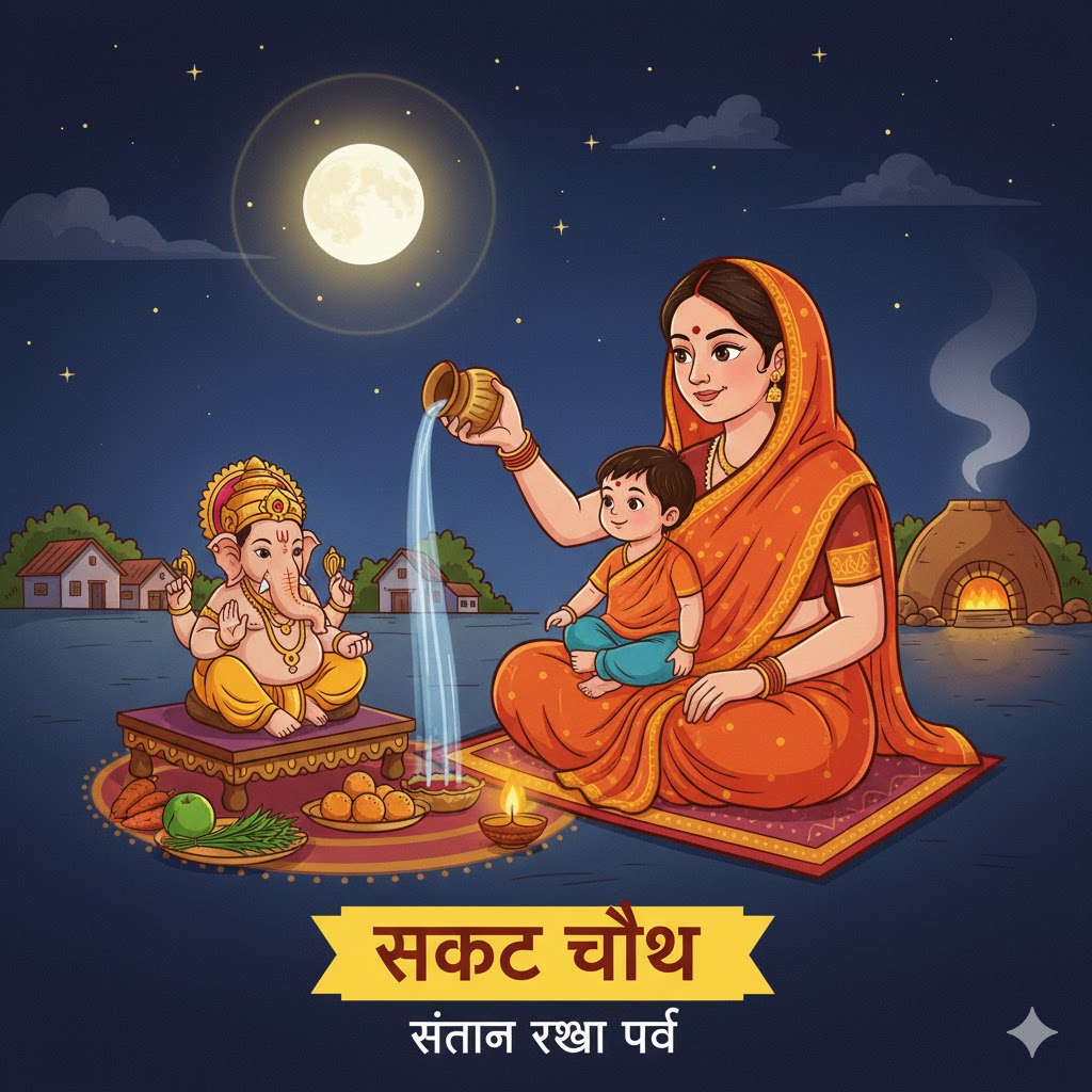 Goddess Parvati and Lord Ganesha sitting together for Sakat Chauth Puja illustration in cartoon style.