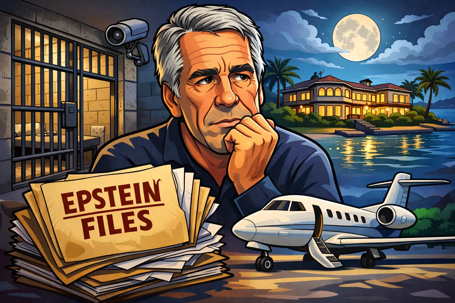 કાર્ટૂન સ્ટાઈલ ઈમેજમાં Epstein Files, પ્રાઈવેટ જેટ, જેલ સેલ અને કાનૂની દસ્તાવેજો સાથે Epstein કેસ દર્શાવાયેલો છે