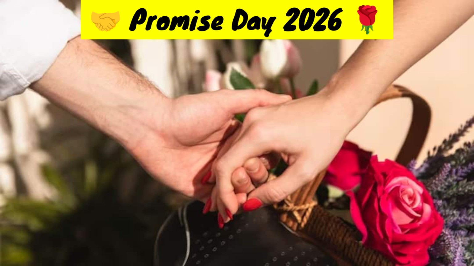 Promise Day 2026 પર પ્રેમી જોડી હાથમાં હાથ રાખી રોમેન્ટિક વચન આપતા, ગુલાબ સાથે પ્રેમ અને વિશ્વાસ દર્શાવતી સુંદર તસ્વીર