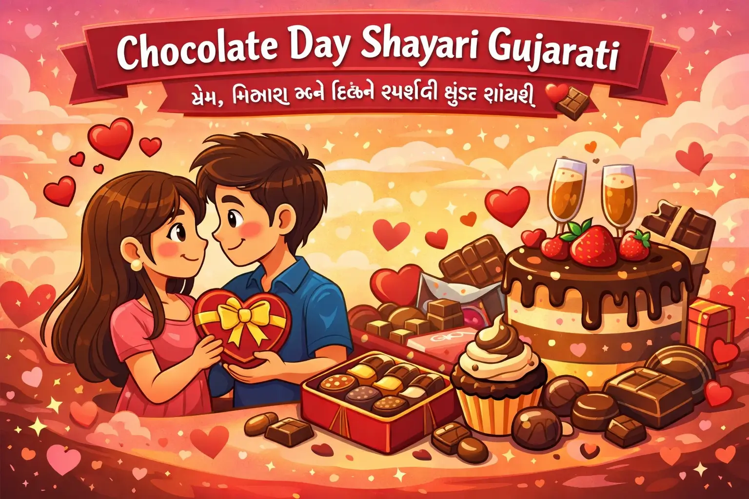 Chocolate Day Shayari Gujarati cartoon style image showing romantic couple celebrating chocolate day with chocolates hearts and love theme