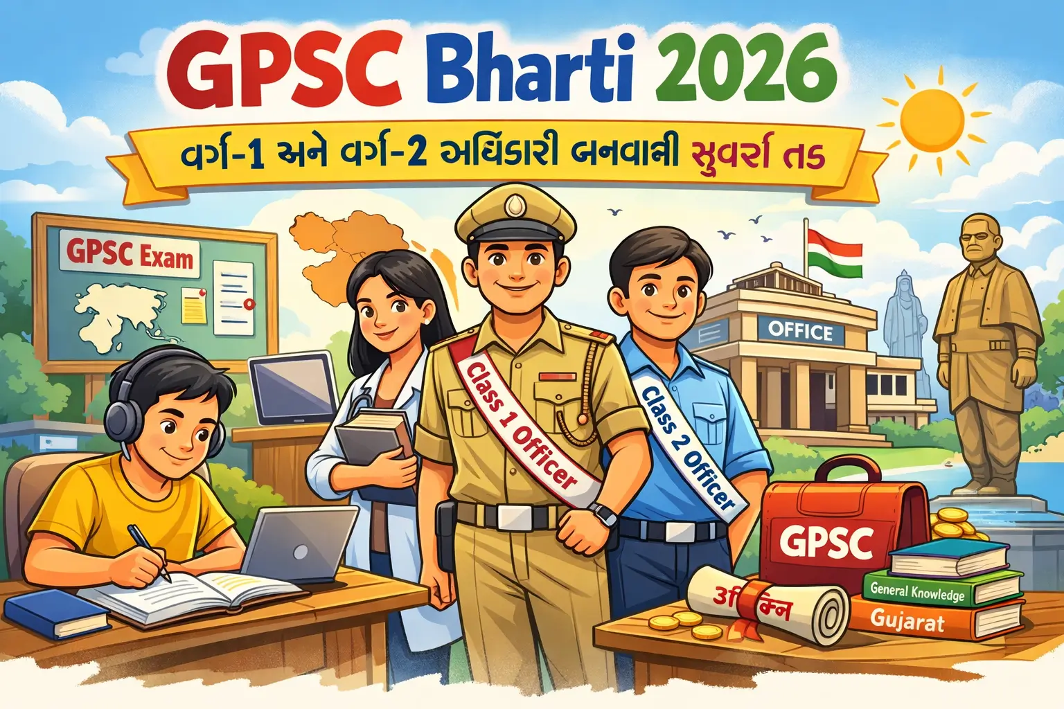 GPSC Bharti 2026 cartoon illustration showing Gujarat government Class 1 and Class 2 officer recruitment and students preparing for GPSC exam