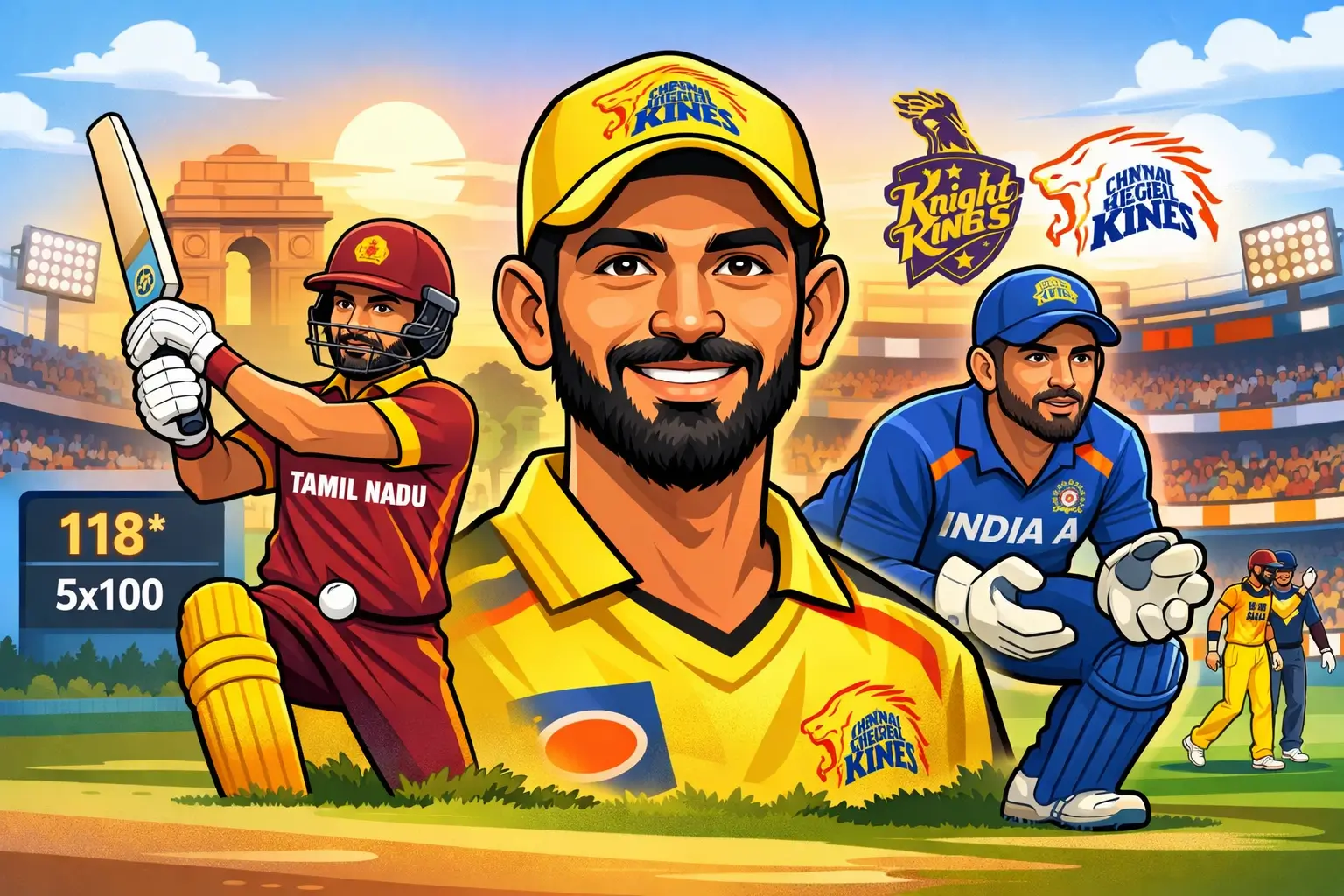 N Jagadeesan cartoon illustration showing Tamil Nadu batsman and wicketkeeper playing for CSK, KKR and India A cricket teams