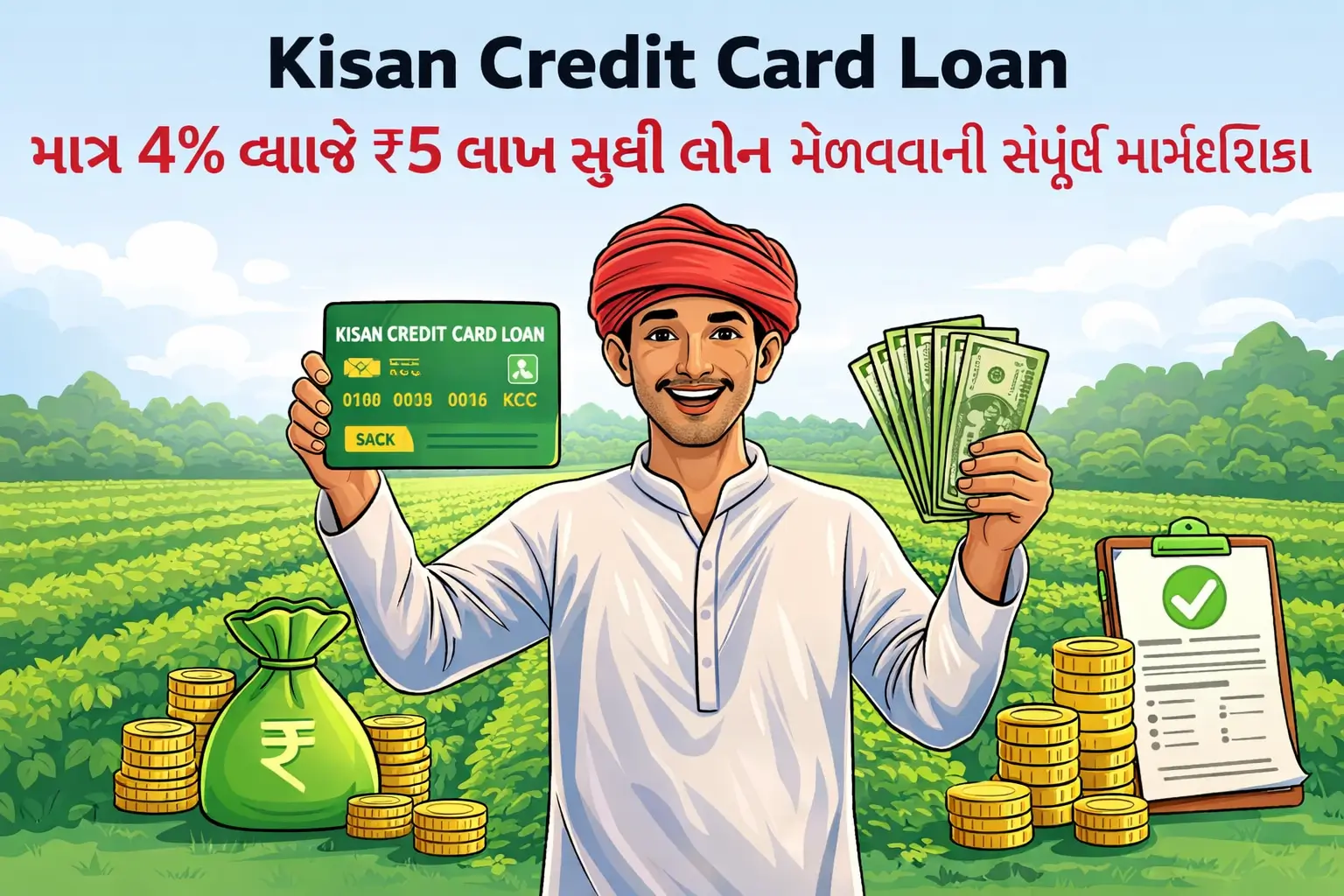 Cartoon style ખેડૂત કિસાન ક્રેડિટ કાર્ડ અને રૂપિયા બતાવતા, 4% વ્યાજે લોન યોજનાનું ઈલસ્ટ્રેશન