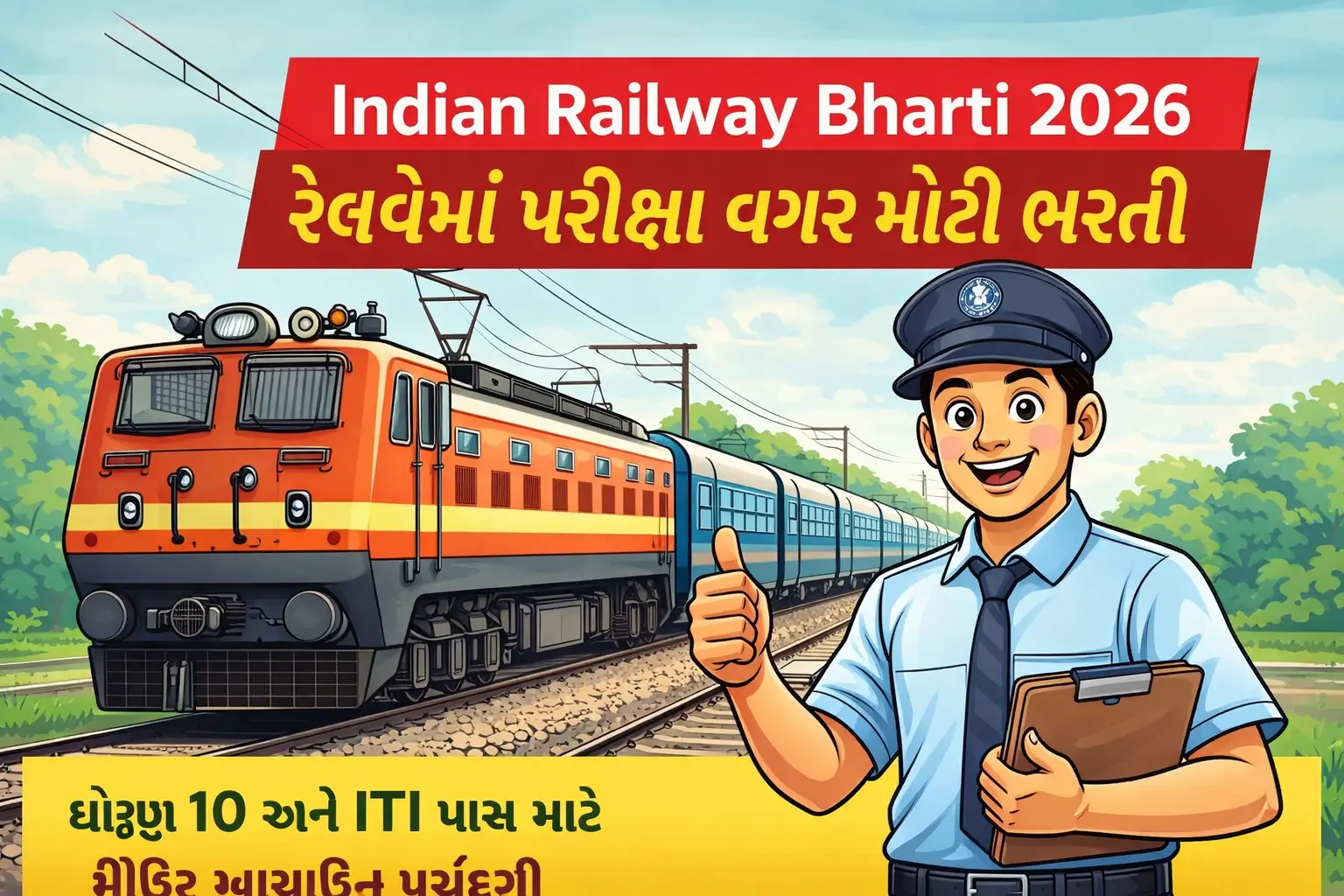 Cartoon style illustration of Indian Railway Bharti 2026 showing a smiling railway officer with train and text about railway recruitment for 10th and ITI pass candidates.
