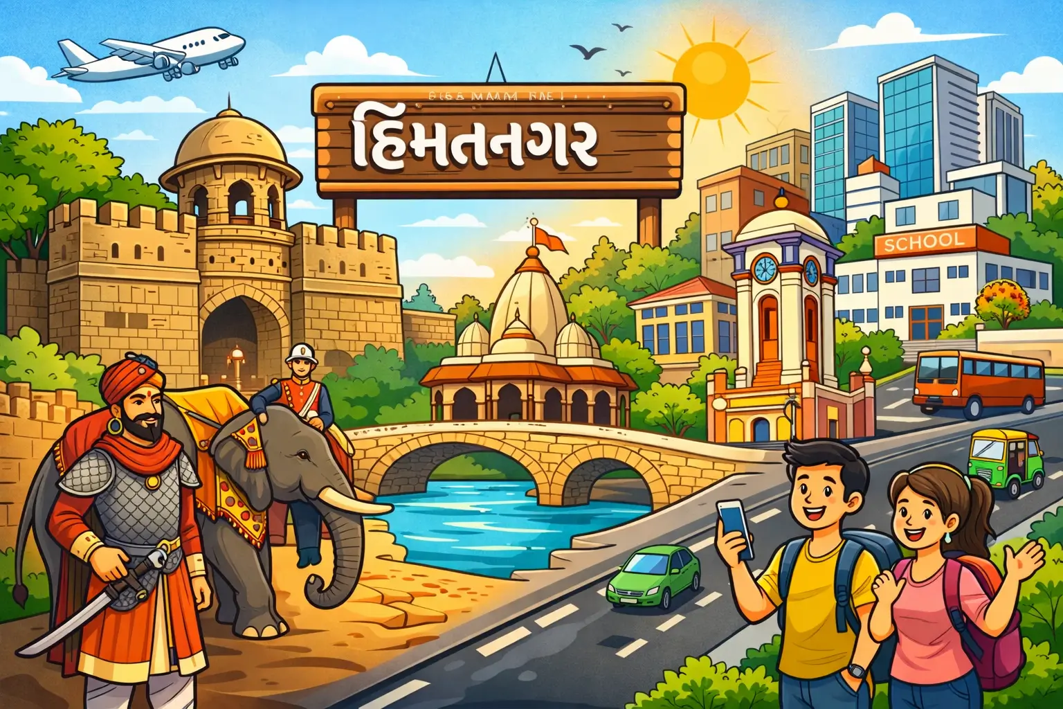 History of Himatnagar cartoon illustration showing past and modern city development