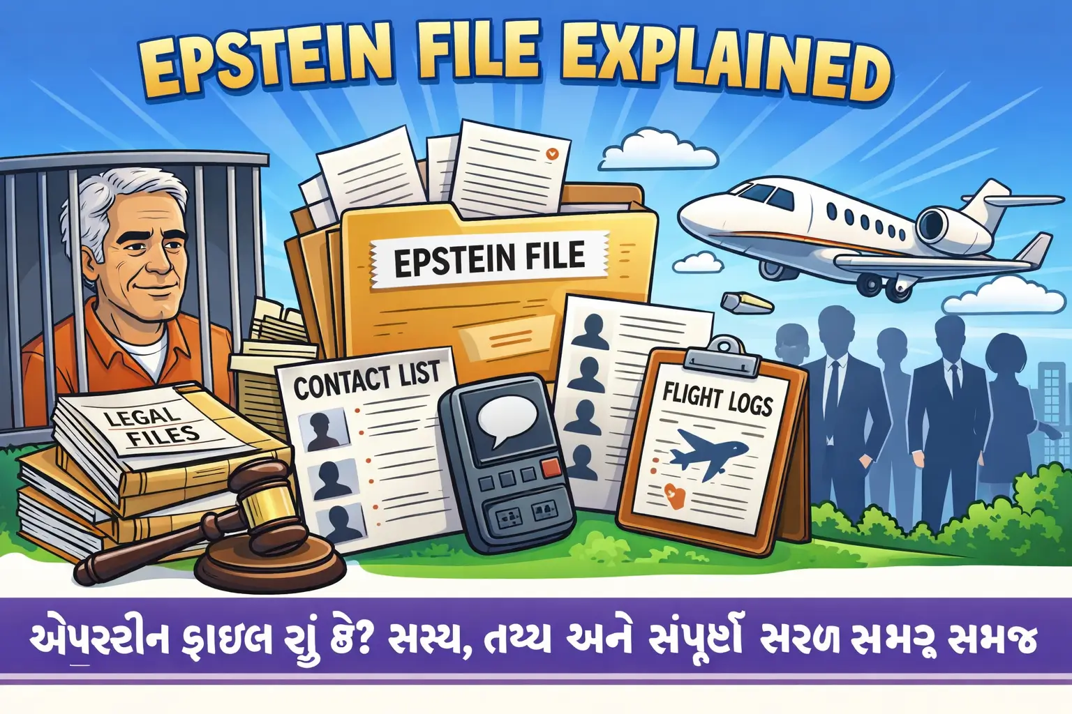 Cartoon style illustration Epstein File Explained સાથે કાનૂની દસ્તાવેજો, ફ્લાઇટ લોગ્સ અને સંપર્ક યાદી દર્શાવતું દ્રશ્ય