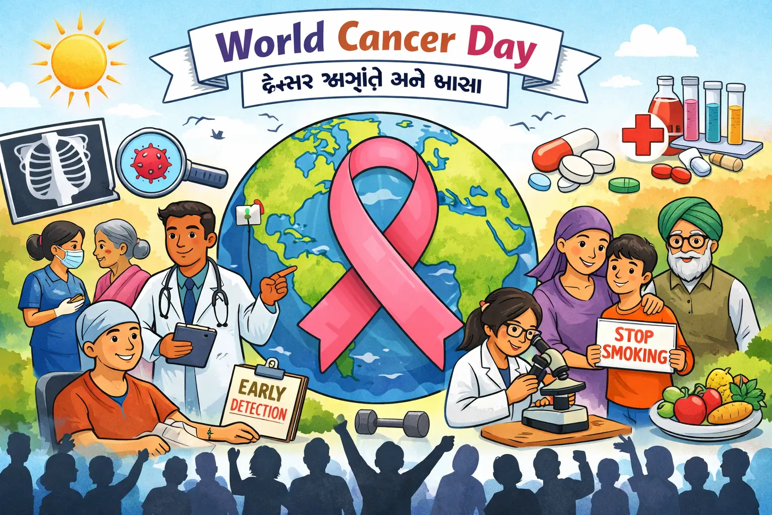 World Cancer Day cartoon image jema cancer jagruti, early detection ane aasha bataveli chhe
