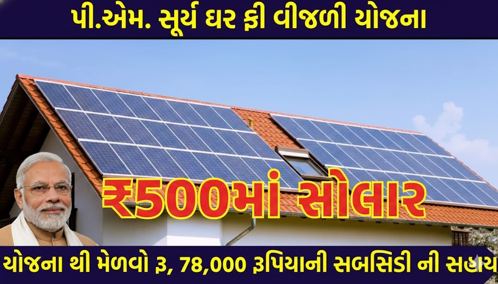 નરેન્દ્ર મોદીનો ફોટો અને ઘરની છત પર સોલાર પેનલ સાથે પીએમ સૂર્ય ઘર યોજનાનું બેનર.