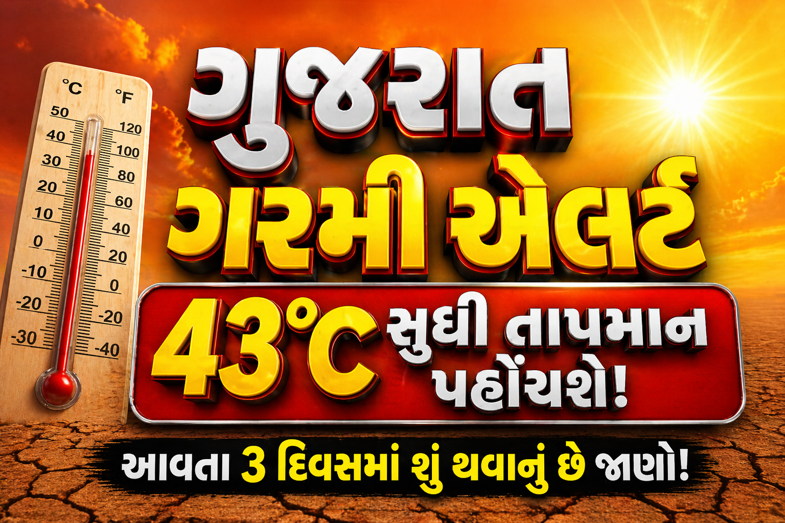 ગુજરાતમાં ભારે ગરમી એલર્ટ દર્શાવતું 3D ડિઝાઇન સાથે 43°C તાપમાન અને થર્મોમીટરનું દૃશ્ય