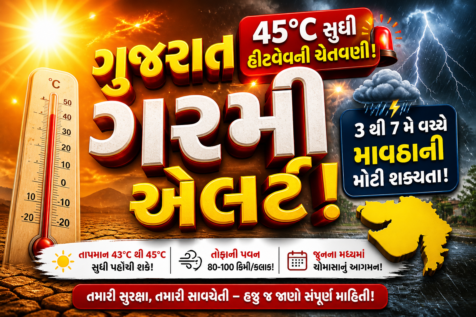 ગુજરાત ગરમી એલર્ટ સાથે 45°C તાપમાન, થર્મોમીટર, તડકું અને વીજળીવાળા વરસાદનું 3D ગ્રાફિક