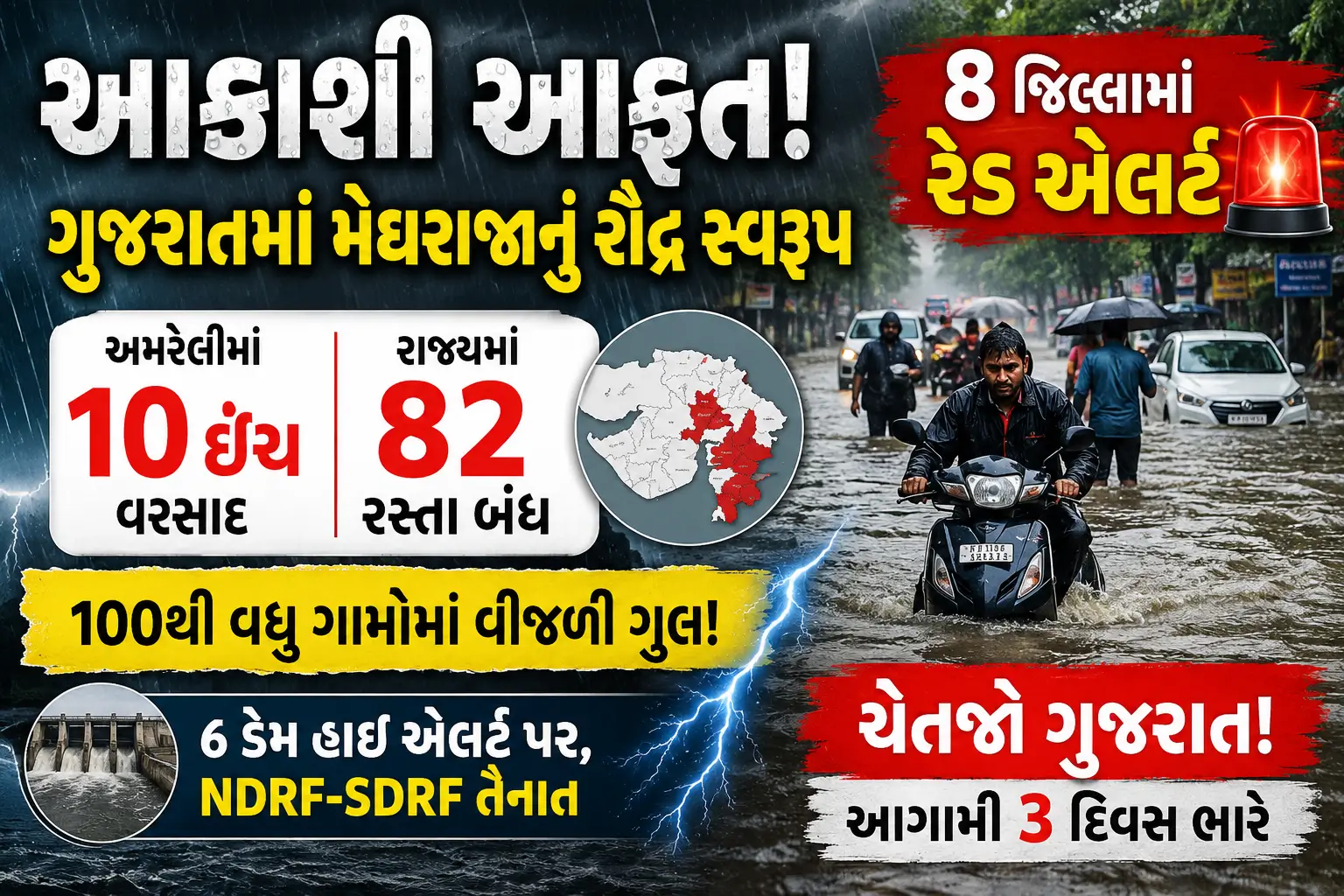 ગુજરાતમાં ભારે વરસાદ દરમિયાન પાણીમાં ગરકાવ થયેલો રસ્તો, વાહનચાલકો મુશ્કેલીમાં, 8 જિલ્લામાં રેડ એલર્ટ, અમરેલીમાં 10 ઇંચ વરસાદ અને પૂર જેવી સ્થિતિ